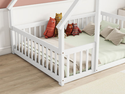 Wood House-Shaped Floor Bed With Fence, Guardrails