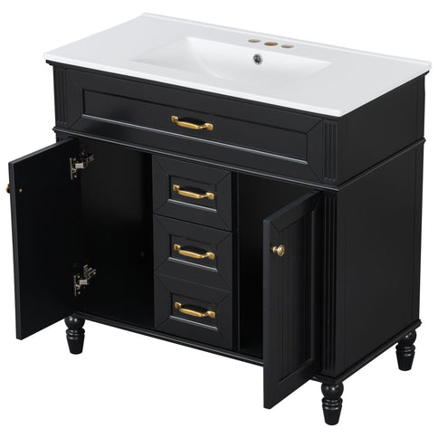 Bathroom Vanity With Sink, Flip-Out Top Drawer, Soft Close Doors, 2 Storage Drawers