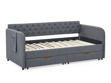 Daybed With Trundle And Storage Drawers, Flat Arms With Pocket