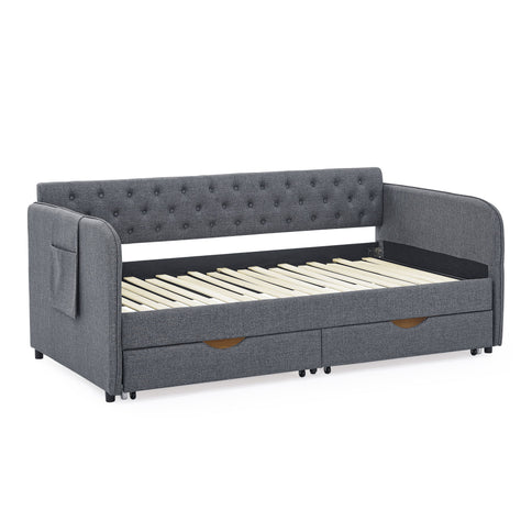Daybed With Trundle And Storage Drawers, Flat Arms With Pocket