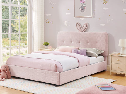 Upholstered Bed With Oversized Rabbit Ear Headboard, LED Lights & 4 Storage Drawers