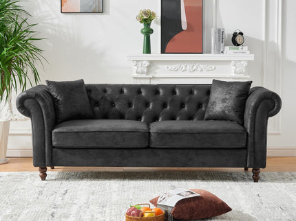 Chesterfield Sofa, High Tech Fabric Roll Armrest, 3 Seater Mid Century Modern Couch - Black