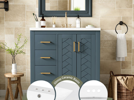 Ceramic Sink Combo, Freestanding Vanity Set With 3 Drawers & Soft Closing Doors