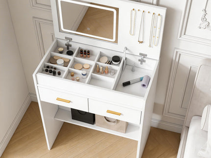 Flip Top Vanity Desk With LED Mirror & Outlet Makeup Table With 2 Drawers, Open Storage, And Jewelry Hooks - White