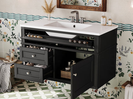 Modern Wall Mounted Floating Cabinet With Double Drawer And Sink