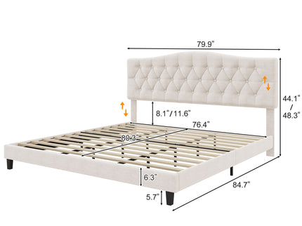King Upholstered Platform Bed With Curved Adjustable Headboard And Diamond Tufted Details, No Box Spring Needed - Beige