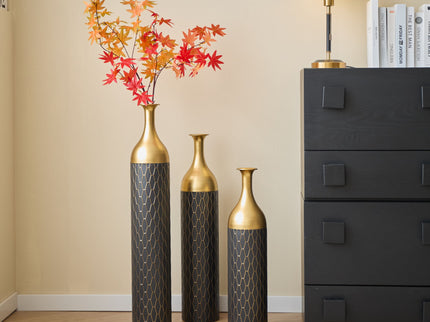 Elegant Floor Vase Set Metal Decorative Vases 3 Piece Set For Floral Display, Wedding & Gift Decor - Gold / Black