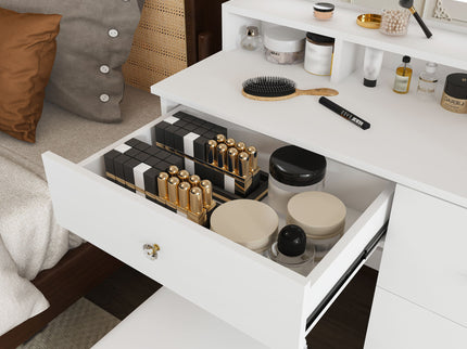 Vanity Desk With Mirror, 3 Color Lighting And Stool