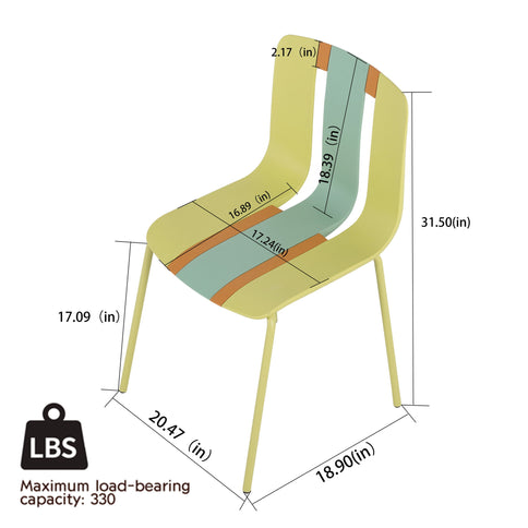 4 Piece Set Of Striped Color Blocking Single Chairs & Long Table - Grain Yellow / Haze Green / Tropical Orange / White