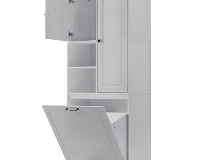 Modern Tall Storage Cabinet With Adjustable Shelves, Flip-Out Basket & Enclosed Doors