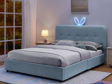 Upholstered Bed With Oversized Rabbit Ear Headboard, LED Lights & 4 Storage Drawers