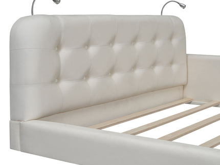 Queen Size Upholstered Platform Bed With 2 Reading Lights - White