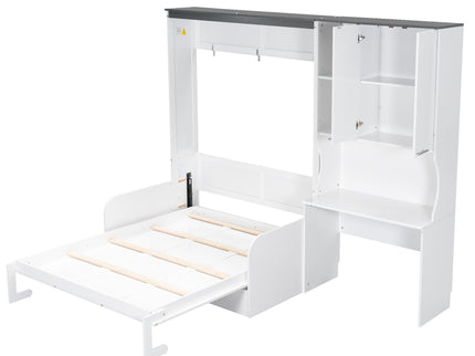 Multi Functional Murphy Bed With Sofa, Desk, And Storage Cabinet In, Full Size - White
