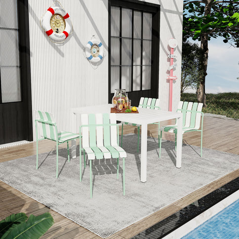 4 Piece Set Of Striped Color Blocking Single Chairs With Long Table - Cream White / Haze Green / White