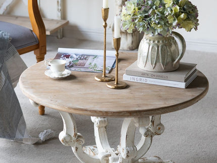 Round Wooden Coffee Table With Distressed Scrollwork Legs - Multicolor