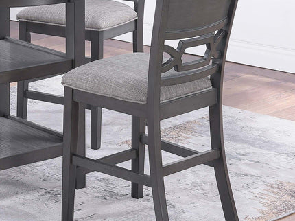 5 Piece Counter Height Dining Set With Storage Shelves Round Table And Upholstered High Chairs - Gray