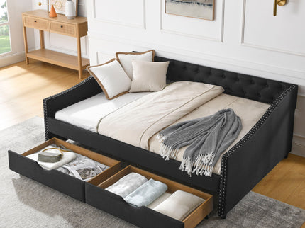 Upholstered Tufted Daybed With 2 Drawers, Waved Arms