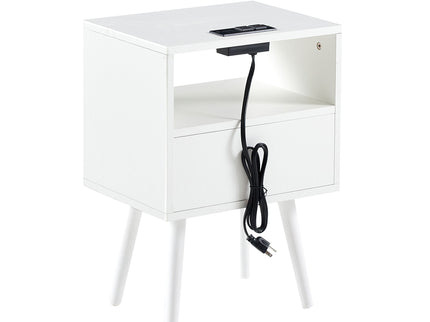 15.75" Rattan End Table With Power Outlet & USB Ports, Modern Nightstand With Drawer And Solid Wood Legs, Side Table For Living Room, Bedroom