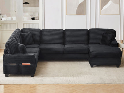 Upholstered U-Shaped Sectional Sofa With Movable Ottoman And Side Storage Pockets