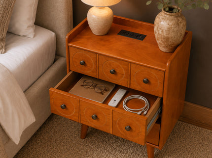 3 Drawer End Table With Charging Station For Bedroom - Natural Wood