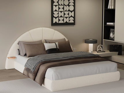 Queen Arched Bed With Small Table, Floor Standing Design - Beige