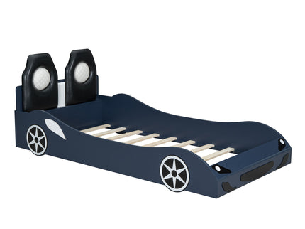 Race Car Shaped Platform Bed With LED And Upholstered Backrest In