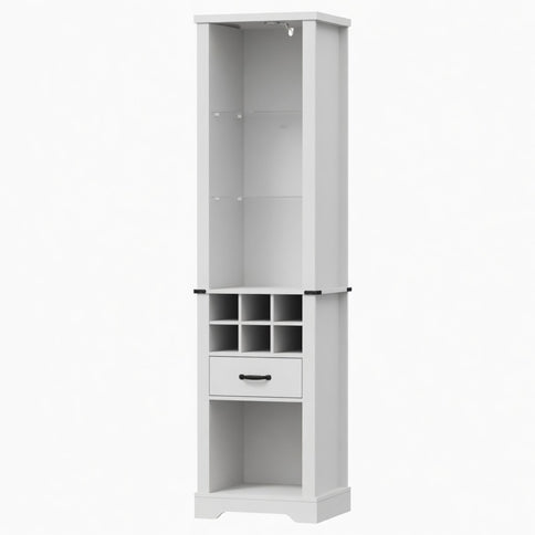 Pantry Cabinet With LED Lights, Wine Rack, Tempered Glass Shelves, And Barn Door Design - White