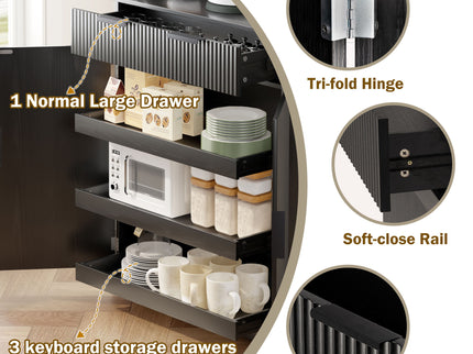 Fluted Kitchen Pantry Cabinet With 3 Keyboard Drawers & 6 Adjustable Door Shelves