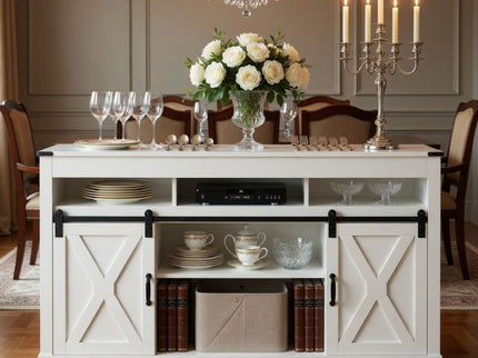Farmhouse TV Stand With Sliding Barn Doors & Adjustable Storage