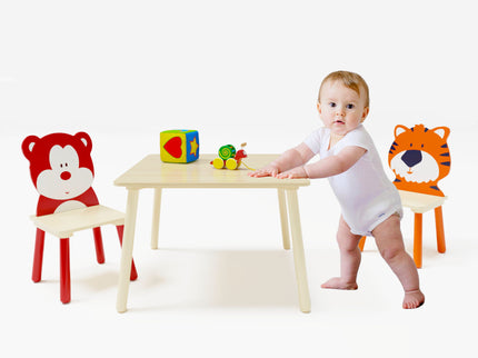 Table And 2 Chairs Set, Activity Play Table Set With Bear & Tiger Design - Natural