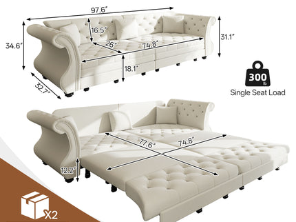 Oversized Chesterfield Pull Out Sofa Bed, Roll Arm Couch With Flower Tufting For Living Room