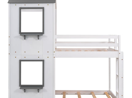 Bunk Bed Wood Bed & Roof, Window, Guardrail, Ladder