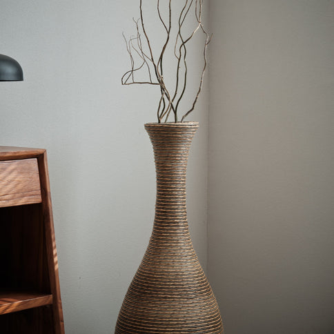 Tall Artificial Rattan Floor Vase In Elegant Statement Piece For Living Room Decor, Entryway, Or Hallway Versatile Home Accent For Dried Or Silk Floral Arrangements - Beige / Gray