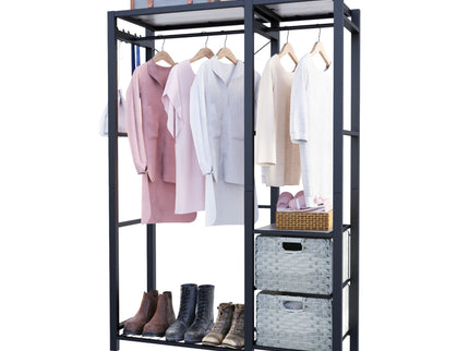 Garment Rack With Shelves, 2 Wicker Drawers, 4 Hooks, Organizer