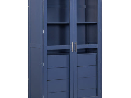 Kitchen Pantry, Freestanding Kitchen Storage Cabinet Display Cabinet With Glass Doors And 4 Built In Drawers For Living Room, Home Office - Blue