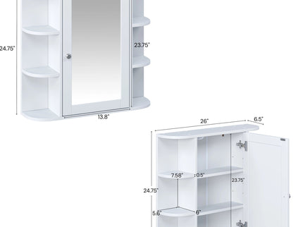 Bathroom Wall Storage Cabinet With Mirror And Adjustable Shelf, 6 Open Shelves