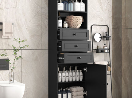 Tall Storage Cabinet With 3 Drawers And Adjustable Shelves For Bathroom