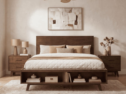 Queen Size Platform Bed Frame With Footboard Storage - Walnut
