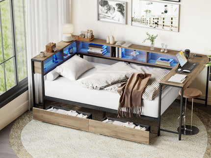 Corner Bed Frame Twin Size With Bookcase And 2 Underbed Storage Drawers, Modern Twin Bed With LED Light And Charging Station, Modern Daybed Reversible Left Or Right - Gray