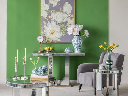 Rectangular Console Table With Elegant Floral Design And Mirrored - Silver Multi