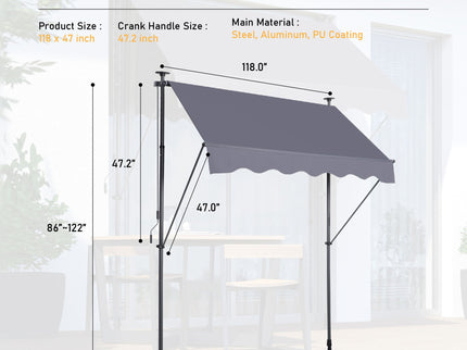 Manual Retractable Patio Awning, UV Resistant Sun Shade With No Drill Installation