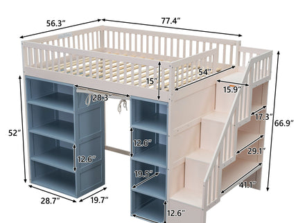 Full Size Loft Bed With 2 Four Layer Storage Cabinets And Curtain With Built In Staircase And Privacy Curtain - White