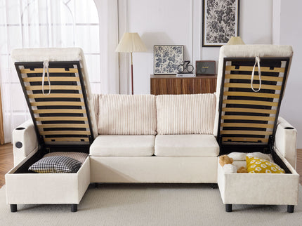 Sectional Sofa Bed With Pull Out Sleeper, USB Ports, Cup Holders