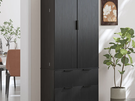 Fluted Kitchen Pantry Cabinet With 2 Large Drawers & 8 Door Spice Rack