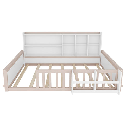 Platform Bed Frame With Guardrail, Storage Shelves & Bookshelf