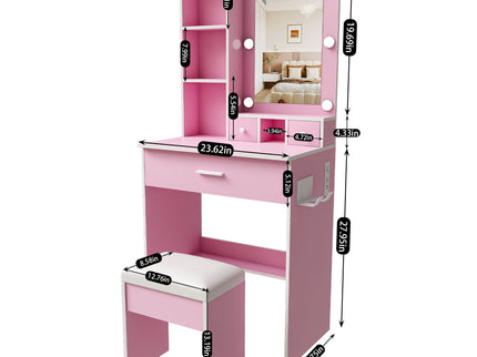 Vanity Table With Mirror, Adjustable LED Lights, Power Outlet, Hairdryer Holder & Stool