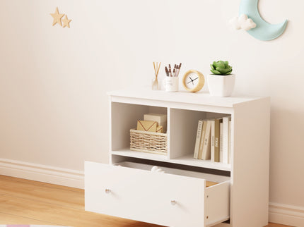 Toy Storage Organizer With Large Drawer And Low Bookshelf For Nursery & Playroom - White