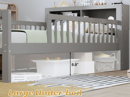 Bed With Headboard Storage Rack, 2 Under Bed Drawers, 3 Side Guardrails For Safety
