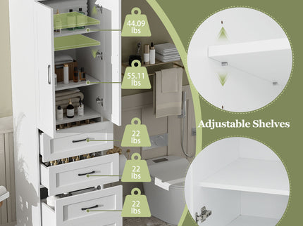 Bathroom Vanity With 2 Damping Hinge Doors, 3 Drawers, Adjustable Shelves - White