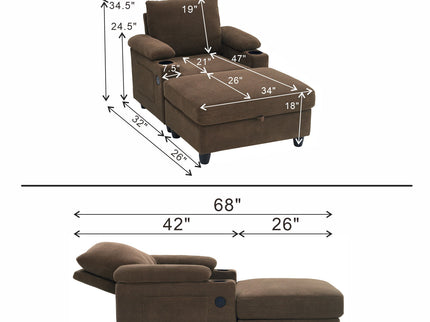 Accent Chair With Storage Ottoman, Reclining Single Chaise Lounge With Cupholders And USB, C Ports